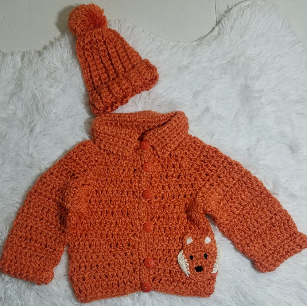 Crocheted Fox Button Front Hat & Sweater-9-12Mos